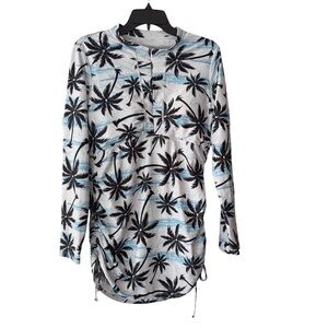 🌴 Hiskywin UV Protection Black & Blue Palm Tree Print Runched Midi Dress